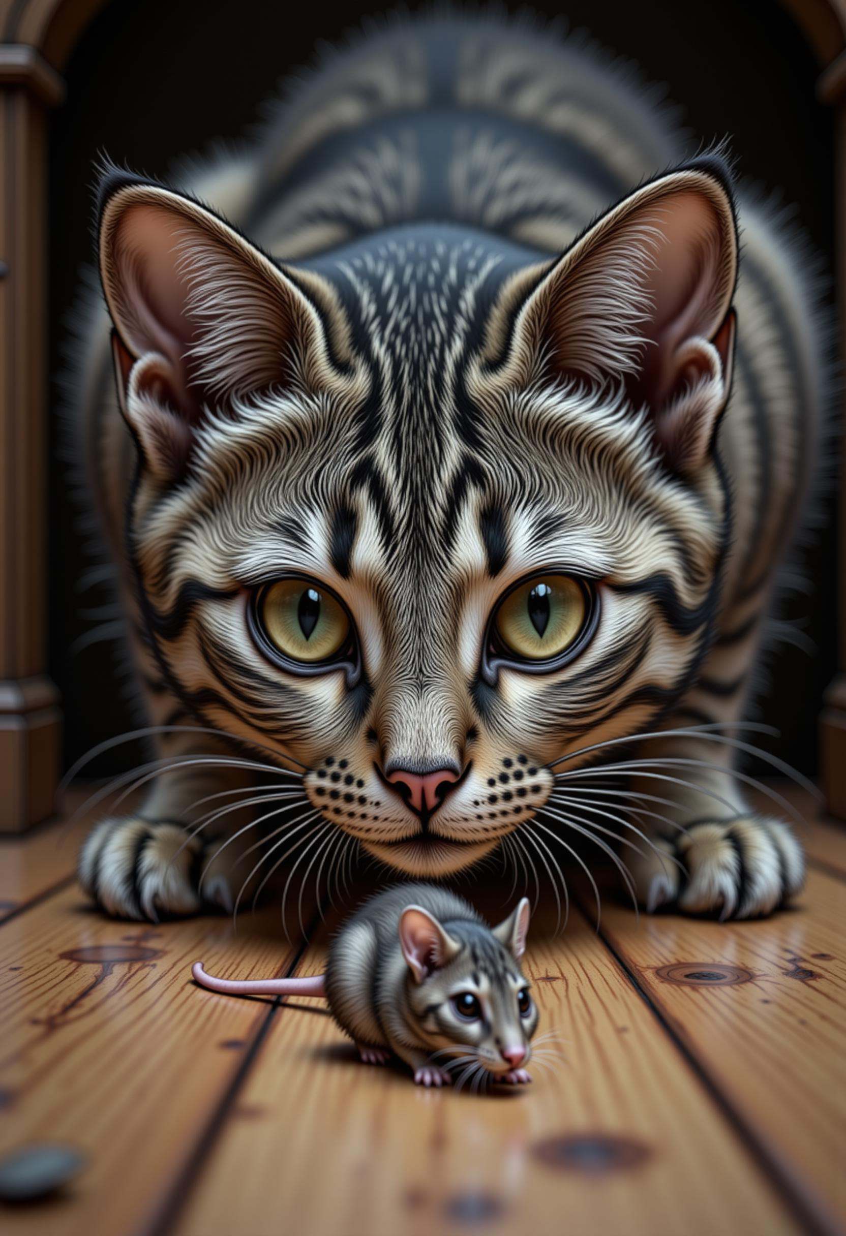 hyp3rd3tail style,  a cat sneaking up on a mouse, wooden floor
