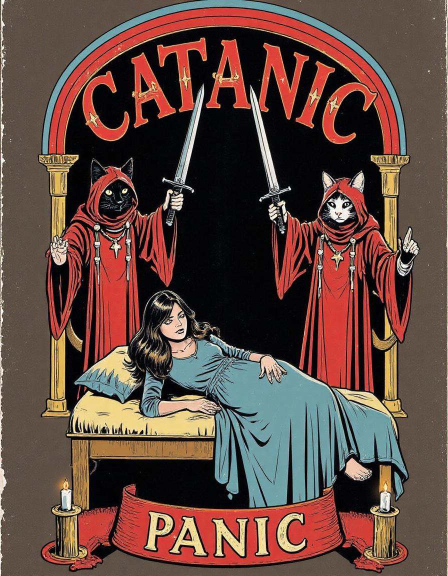 The image is a striking illustration that combines elements of horror and fantasy. At the center,  there's a woman lying o...