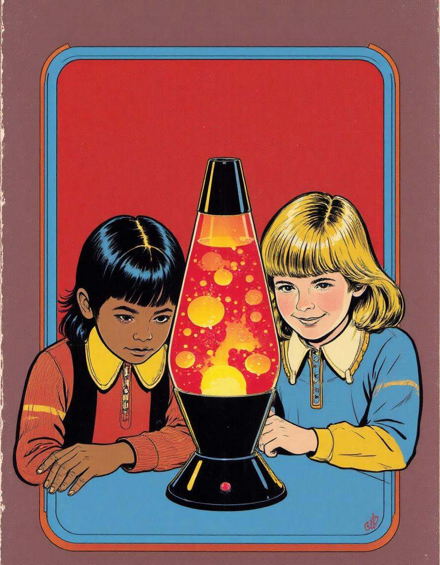 an illustration of two children,  a boy and a girl,  sitting at a table with a lava lamp in front of them. The background...