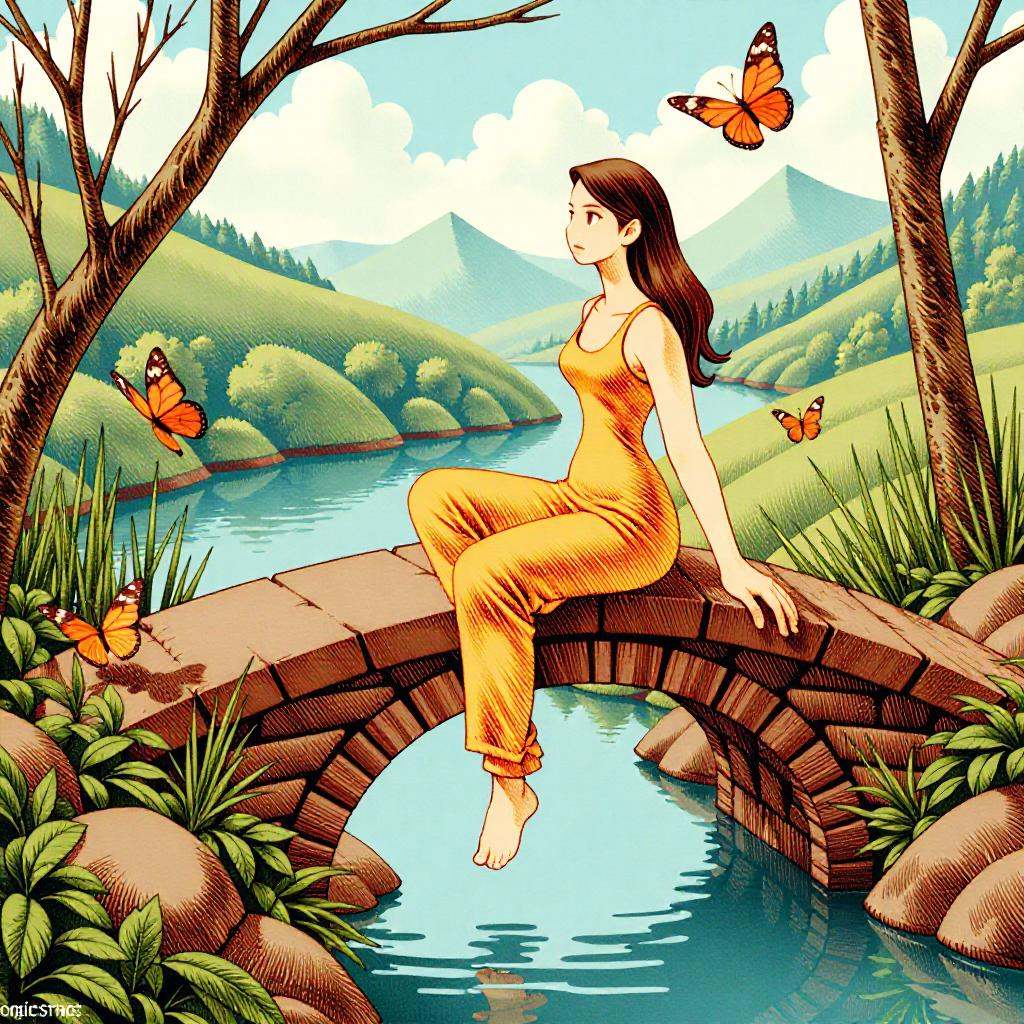 fftstyle illustration of a woman sitting on a bridge above a stream with butterflies flying around her
