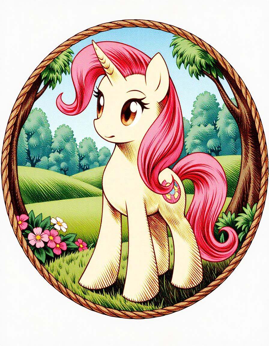 circular tshirt design, my little pony, a park in the background. the style of 