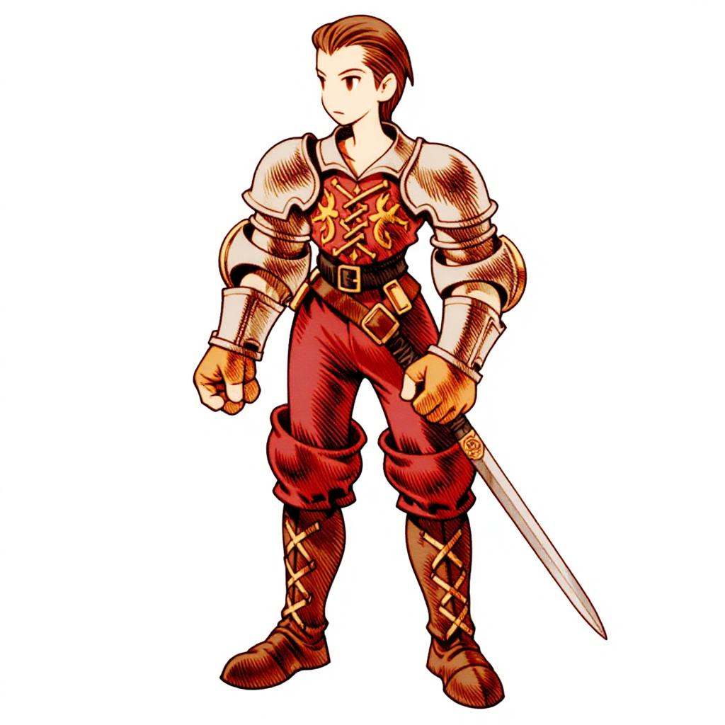 a fftstyle illustration of a young man in a medieval-style outfit. He is standing with his body slightly turned to the side, with his left hand on his hip and his right hand holding a sword. The outfit is made up of a red and gold armor with intricate patterns and designs. The man has short brown hair and is wearing a pair of brown boots. He has a serious expression on his face and is looking off to the left. The background is white., solo, short hair, simple background, brown hair, white background, closed mouth, brown eyes, standing, full body, male focus, weapon, boots, belt, sword, armor, looking to the side, shoulder armor, clenched hand, gauntlets, sheath, buckle, clenched hands, legs apart, pauldrons, sheathed, cross-laced clothes, armored boots, looking afar, red pants, hair slicked back, greaves, knight