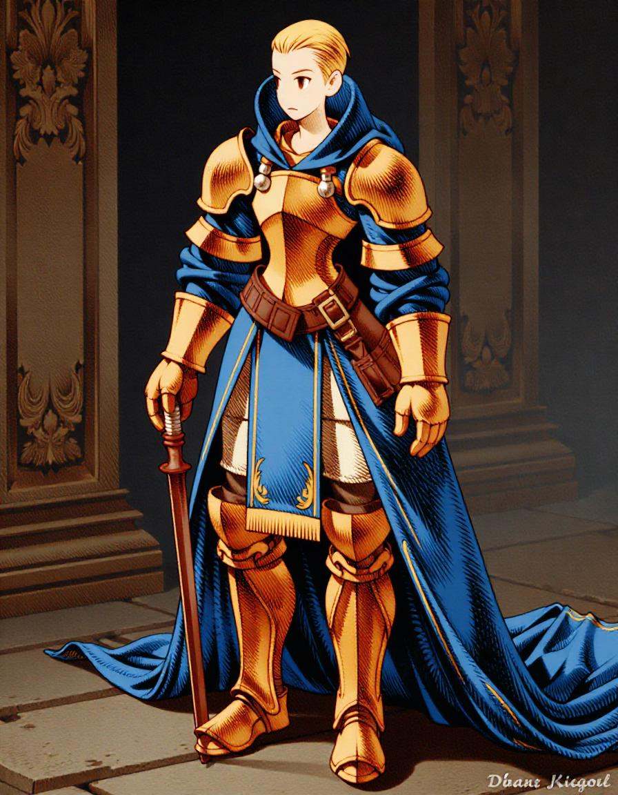 female knight in blue and gold armor, the style of fftstyle