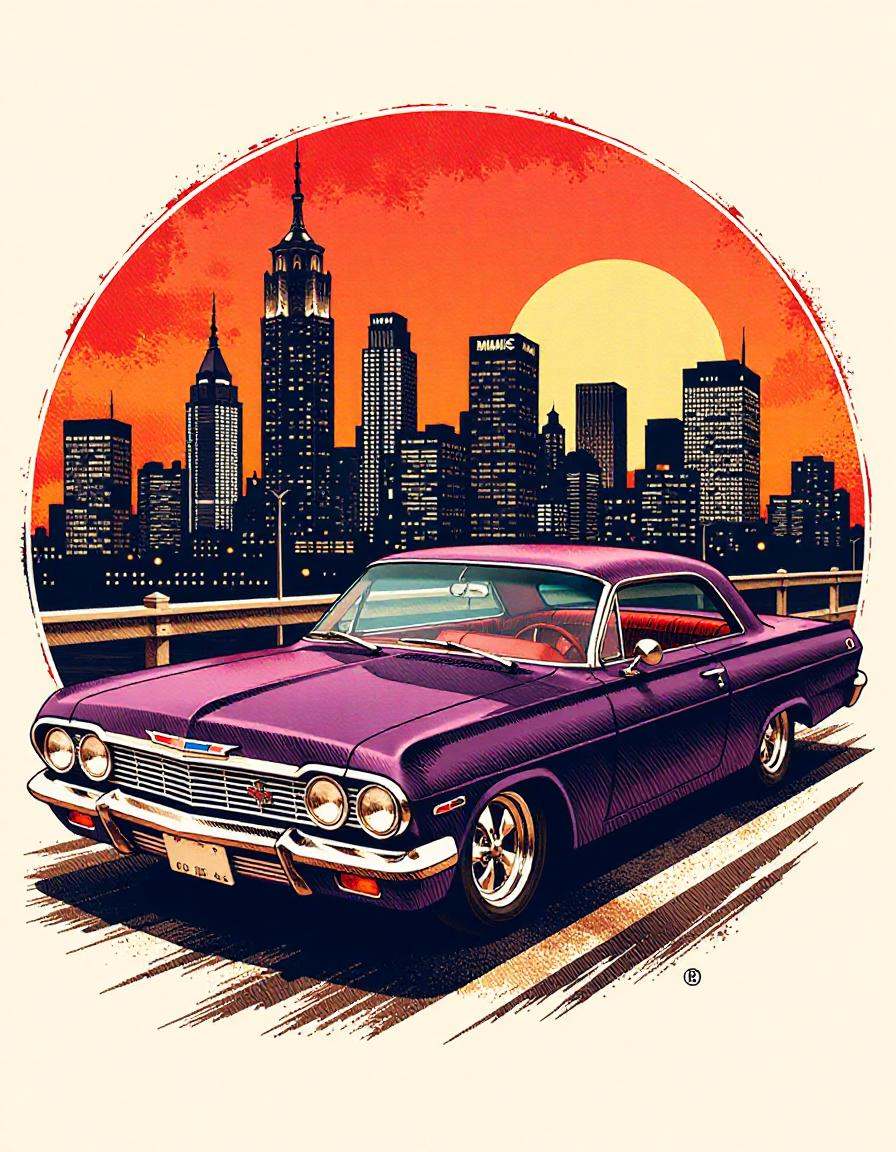 tshirt design, chevy impala hot rod, city skyline in the background, in the style of fftstyle