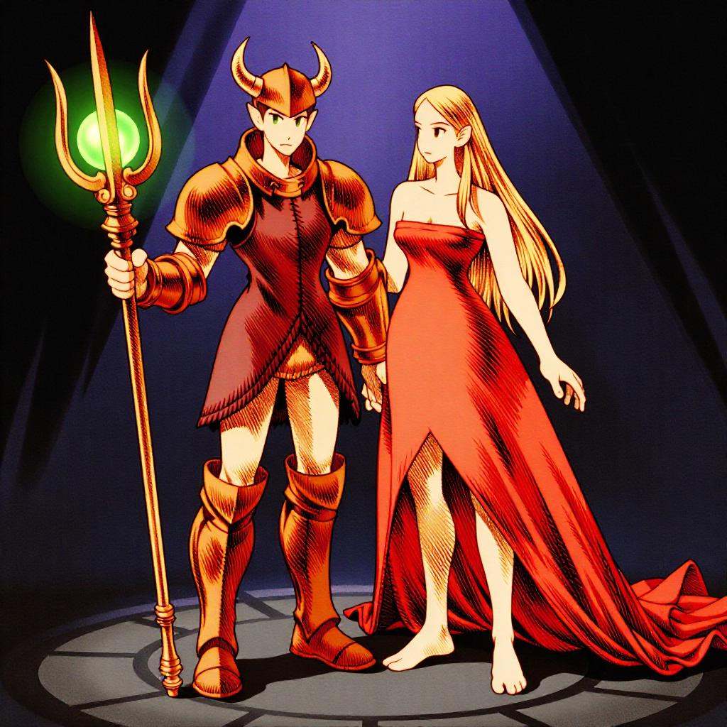 a fftstyle drawing of of two characters,  a man and a woman,  standing side by side. The man is wearing a red and gold arm...