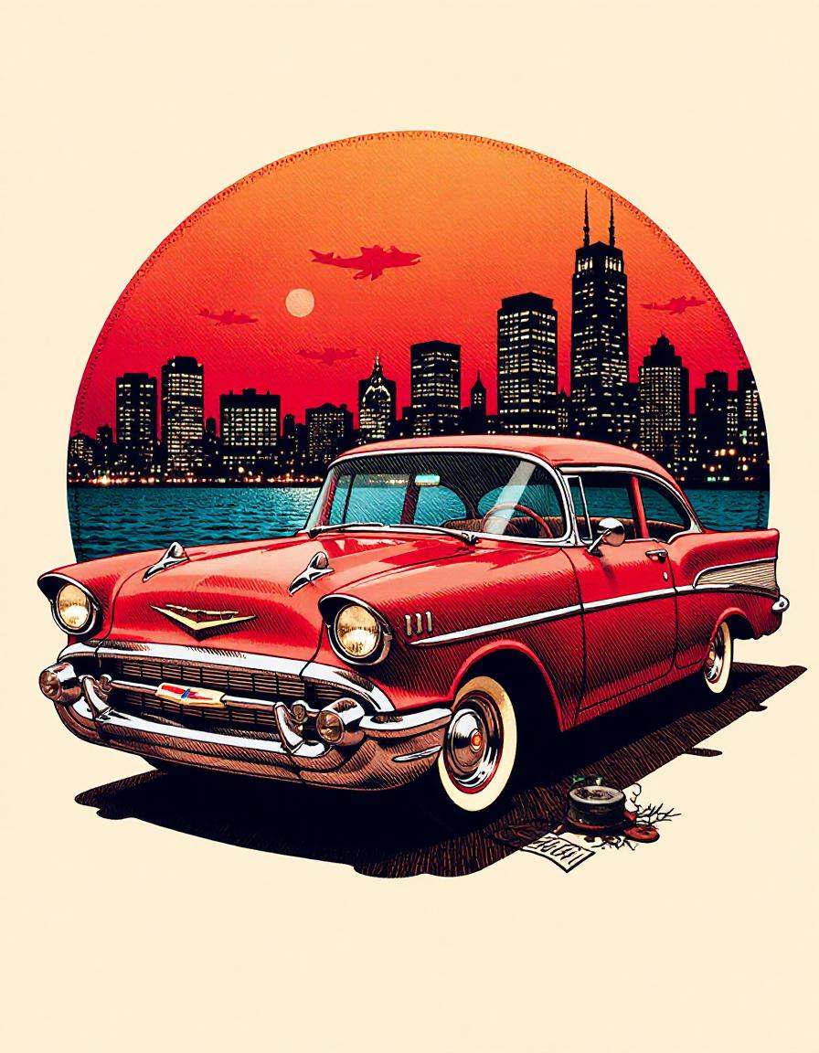 tshirt design, chevy impala hot rod, city skyline in the background, in the style of fftstyle