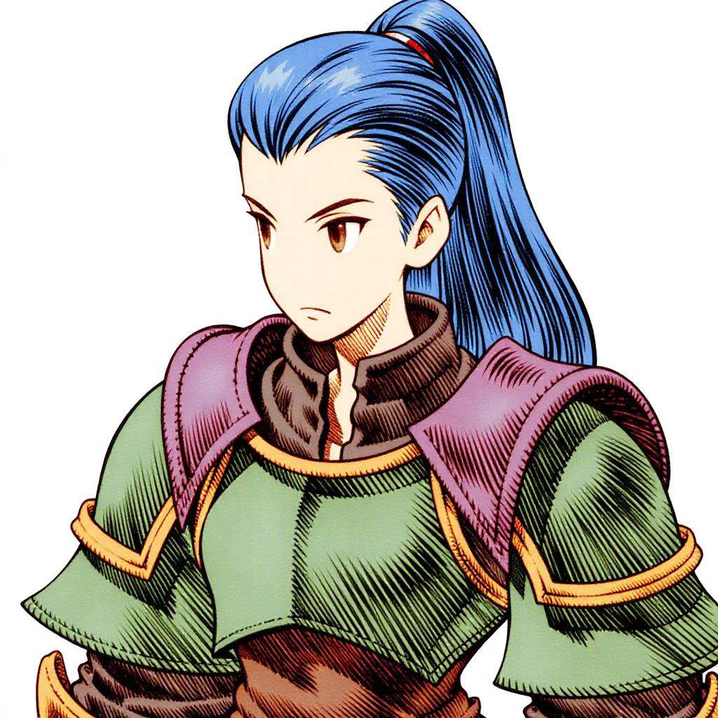 a fftstyle drawing of a female warrior with blue hair and a fierce expression on her face. She is wearing a green and purple armor with intricate designs and patterns. The armor is made up of a combination of green, purple, and gold colors