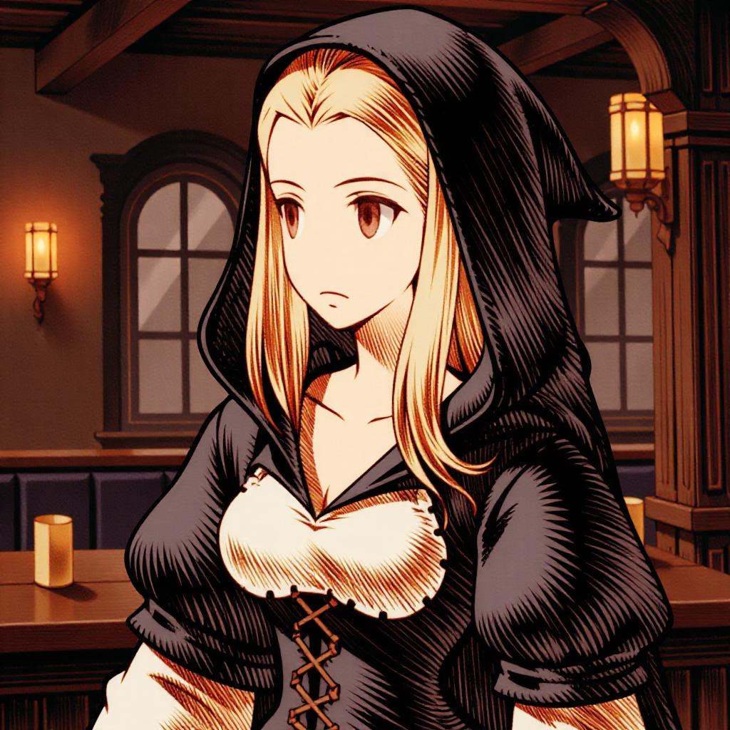 a fftstyle illustration of a girl. She is concerned and worried. She has long white hair and red eyes. She has full lips and is busty. She is wearing a black hood and white tavern wench costume top. She is in a medieval tavern