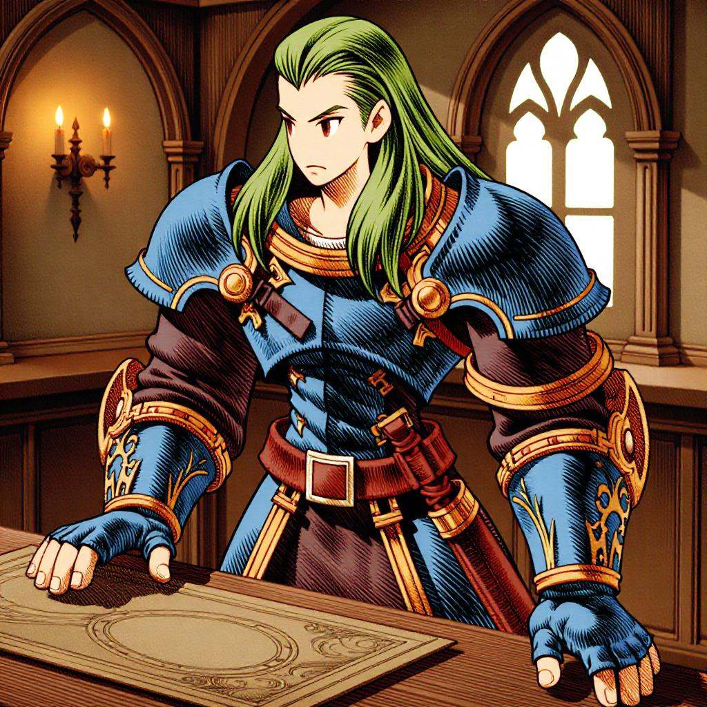 a fftstyle drawing of a  warrior with green hair and a fierce expression on hir face, he is wearing a blue and gold armor with intricate designs and patterns. Sword at his feet, inside a midlevel tavern 