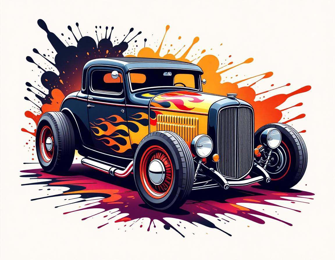 tshirt design, Ford rat rod with a flame paint job, paint splash background, in the style of 5h1rt