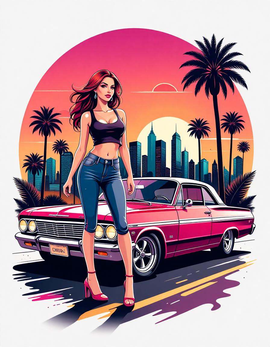 tshirt design,  a beautiful woman standing next to a chevy impala hot rod,  Los Angeles skyline in the background on Tenso...