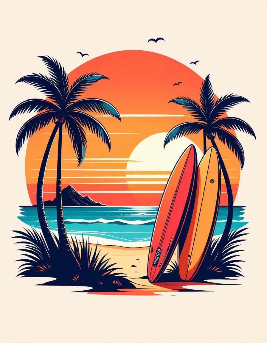 tshirt design, surfboards and palm trees on the beach, retro sunset in the background, in the style of 5h1rt