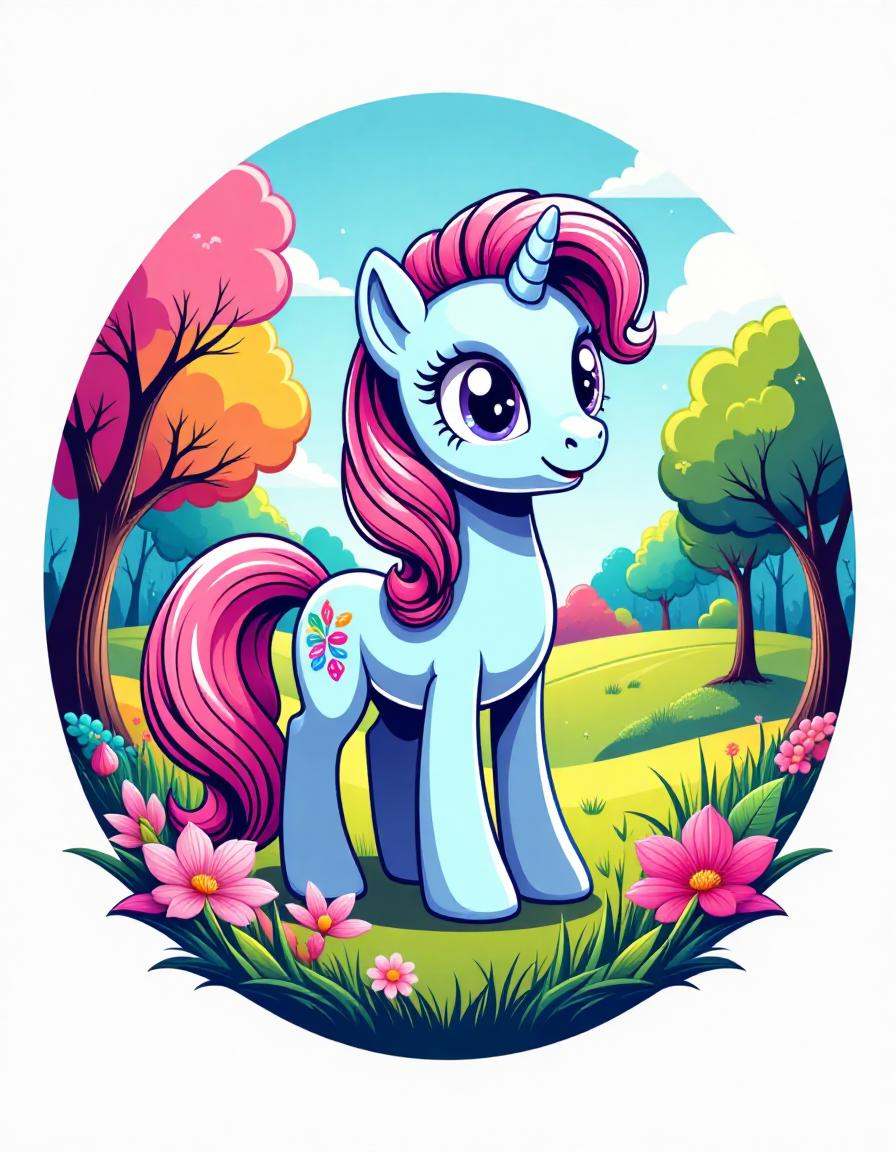 circular tshirt design, my little pony, a park in the background. the style of 5h1rt