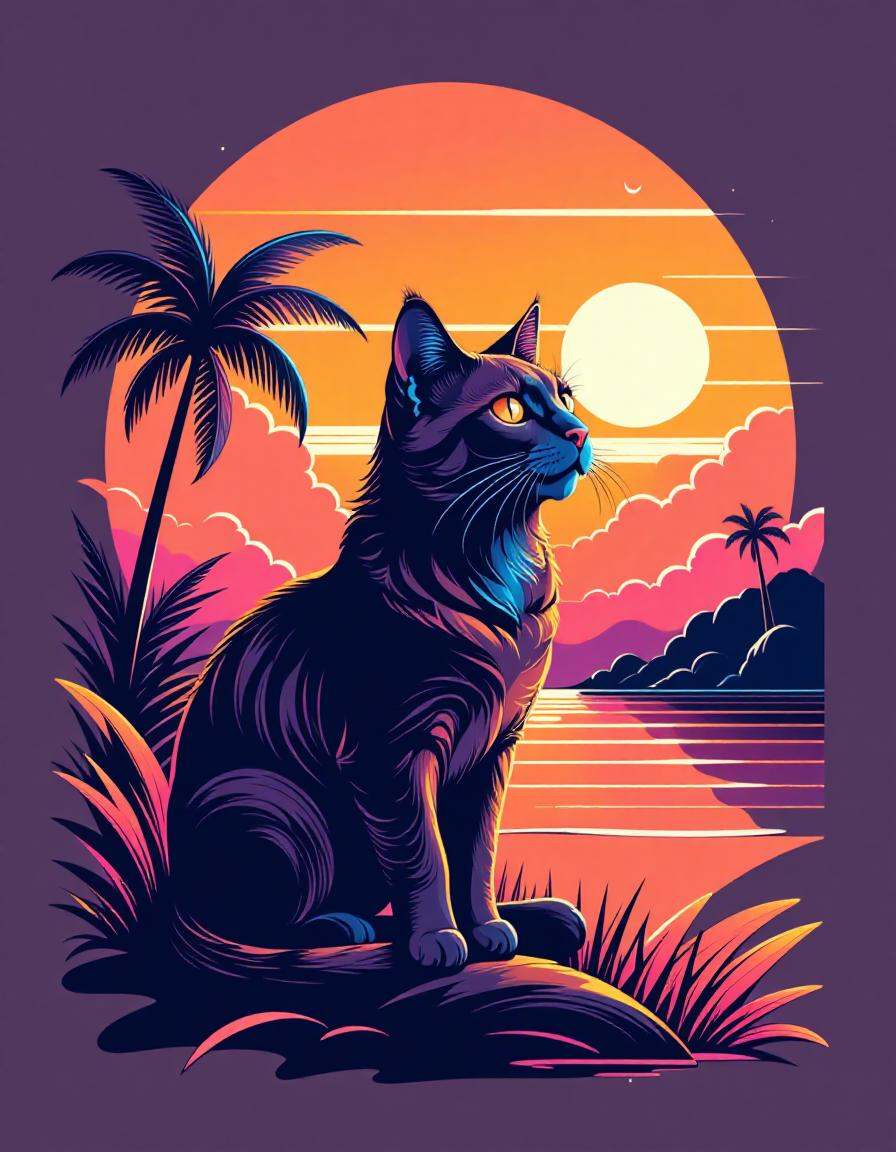 tshirt design, cat, retro sunset in the background, in the style of 5h1rt
