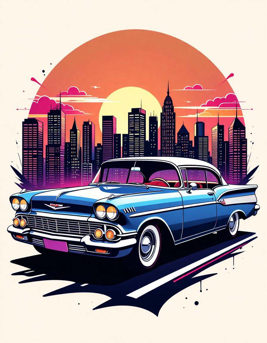 tshirt design, chevy impala hot rod, city skyline in the background, in the style of 5h1rt