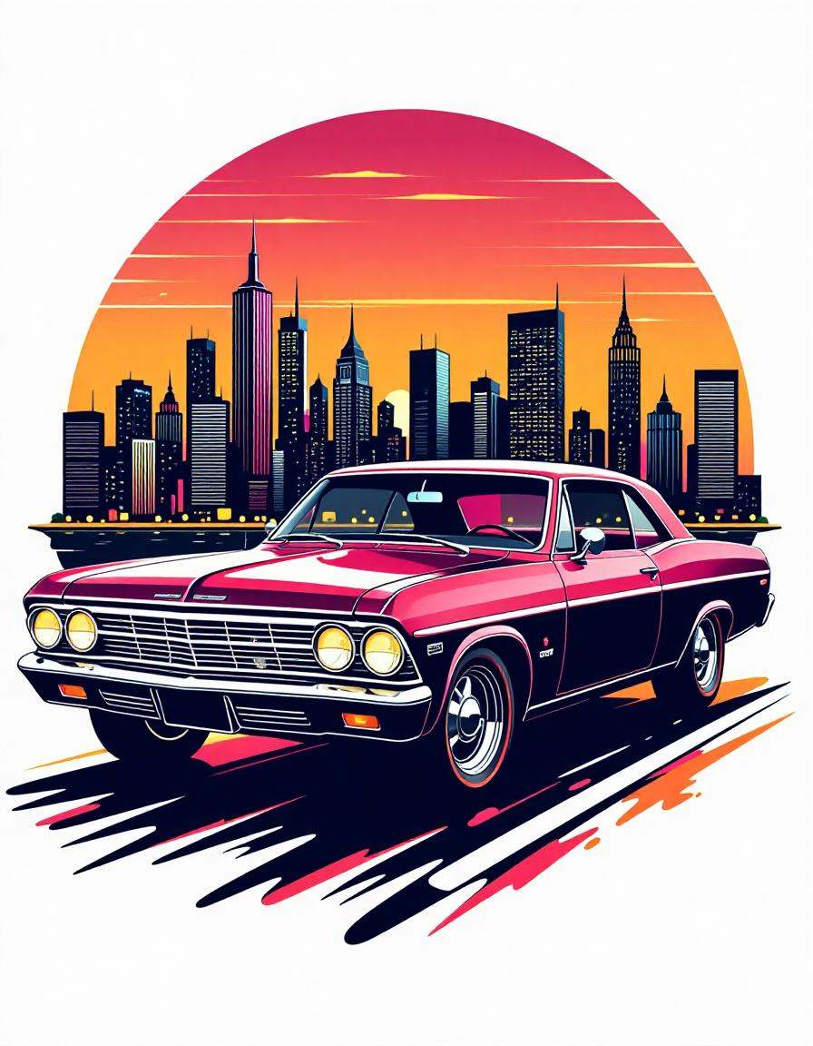 tshirt design, chevy impala hot rod, city skyline in the background, in the style of 5h1rt