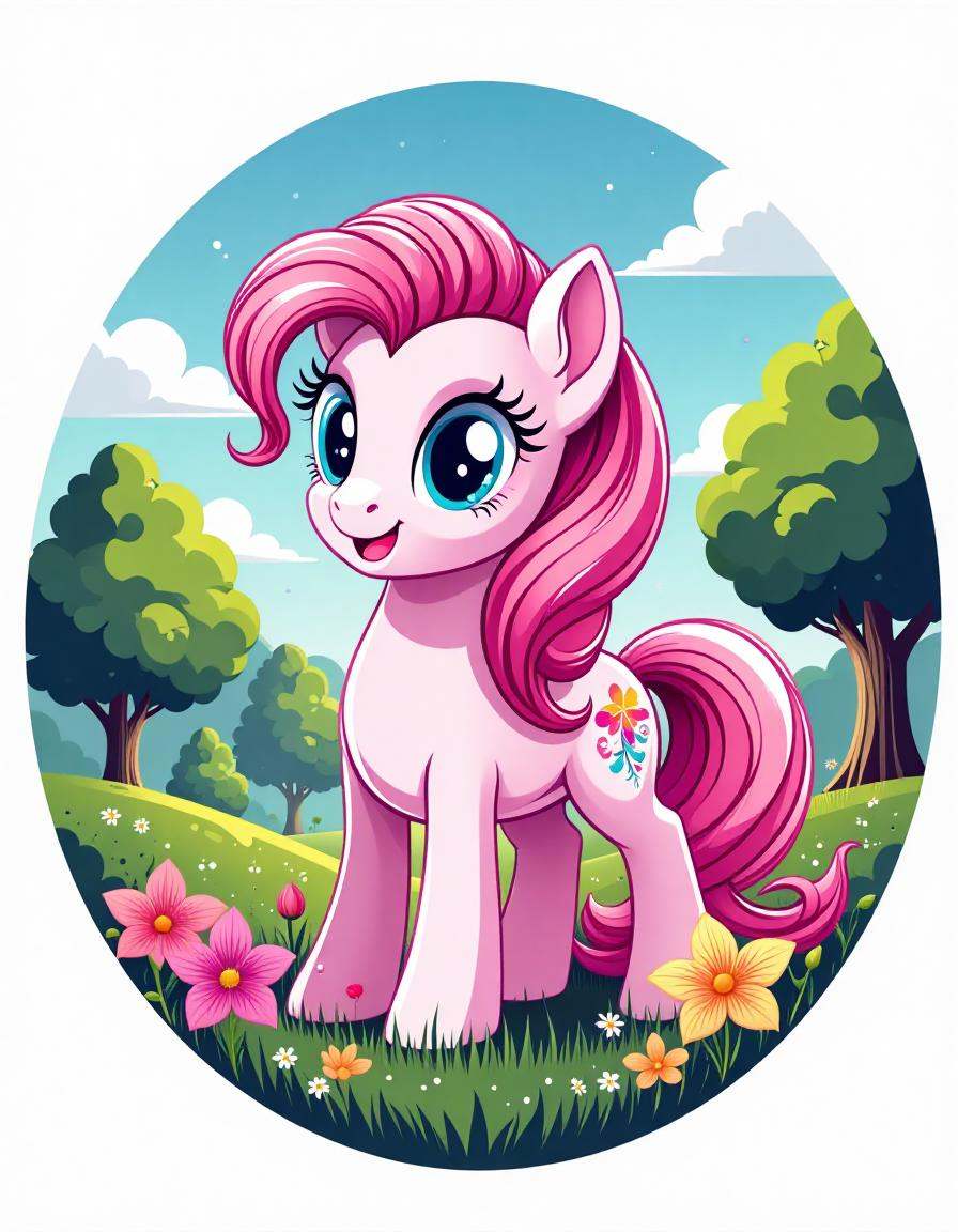 circular tshirt design, my little pony, a park in the background. the style of 5h1rt