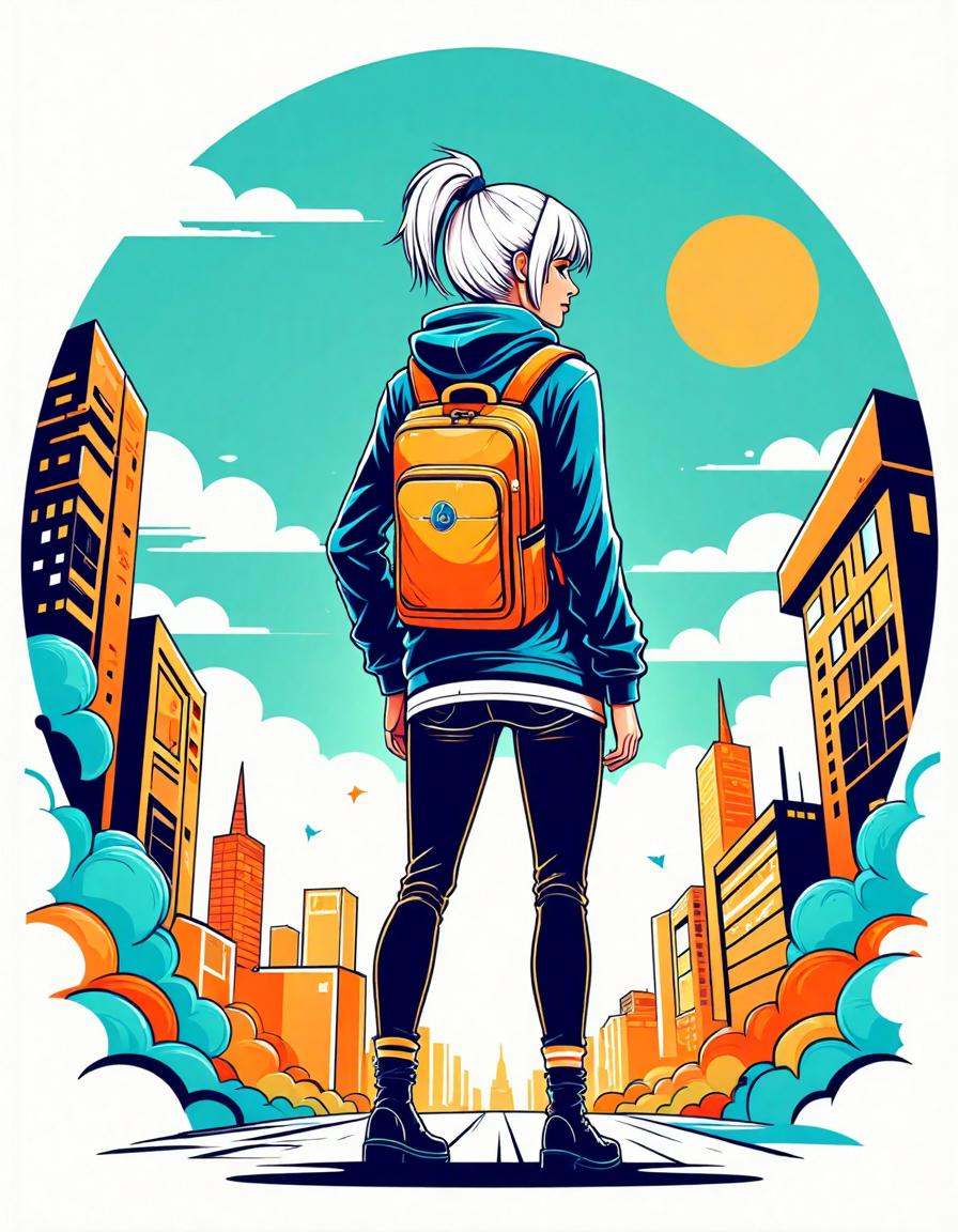 circular tshirt design, illustration of a woman with white hair and backpack standing in front of a futuristic cyberpunk city, teal and orange color scheme, pop art style, comic drawing, intricate abstract details, 2d game art for gta cover 5h1rt