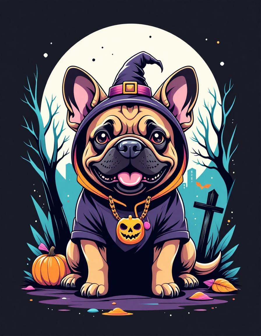 tshirt design, cute chibi french bull dog in a Halloween costume, graveyard with a full moon in the style of 5h1rt
