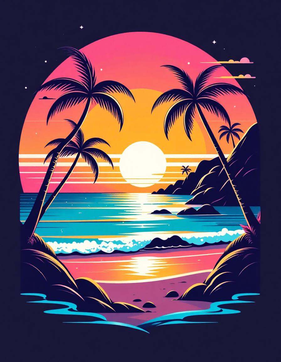 tshirt design, synth wave beach, retro sunset in the background, in the style of 5h1rt