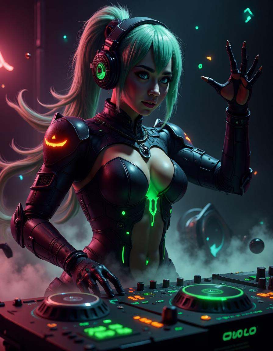 4k photo of a sifi halloween tech female DJ,  headphones,  neon lights on Tensor.Art