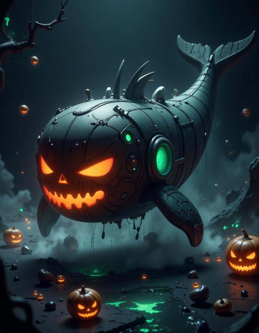 sifi, spooky halloween tech , a blue glowing  Whale, in the style of hall0w33n 