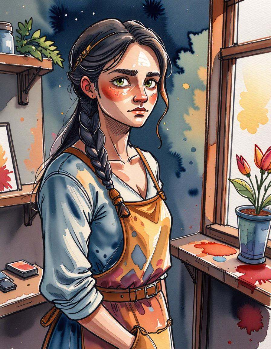 woman in art studio, canvas, paint-splattered apron, wat3rc0l0r