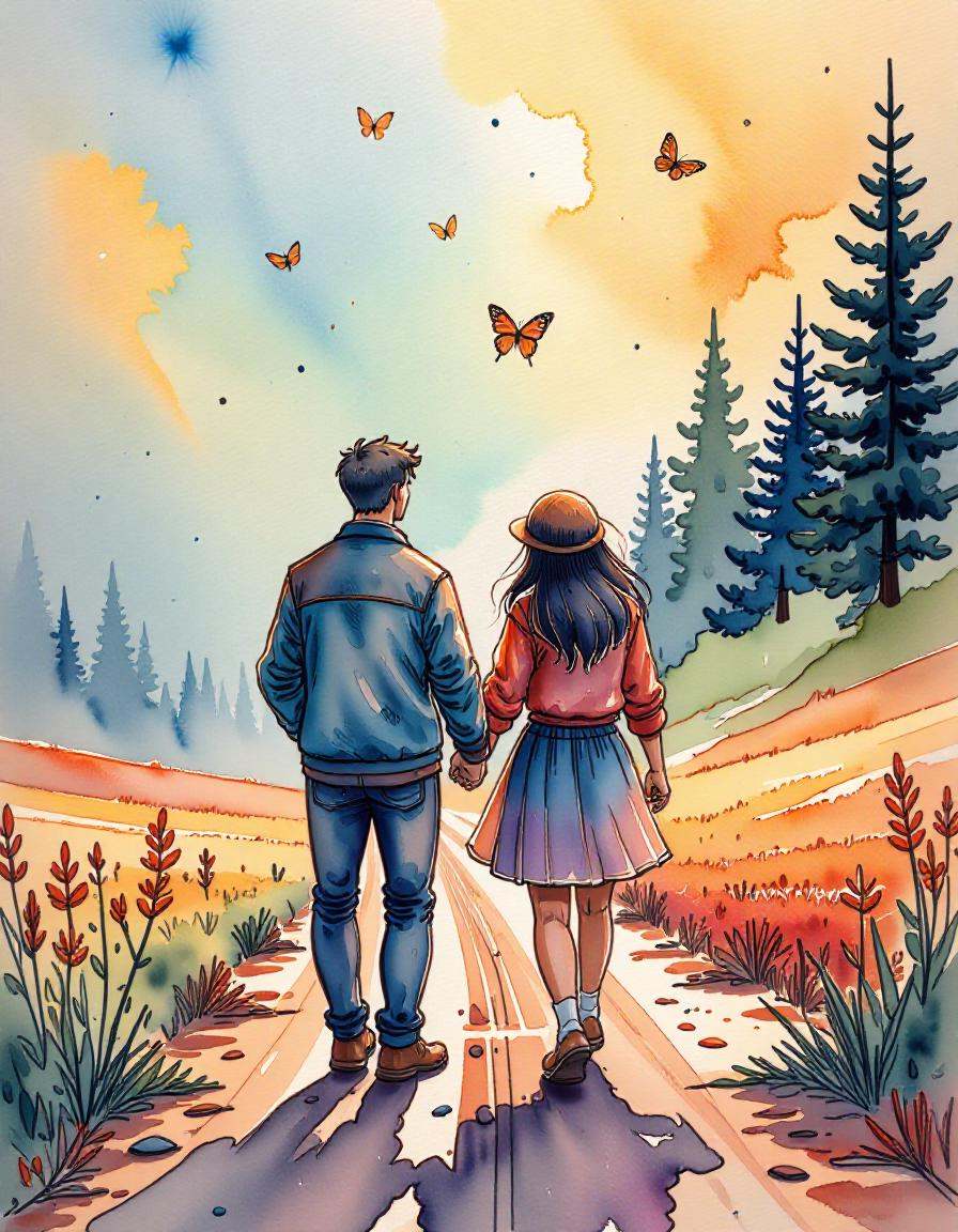 wat3rc0l0r, a couple walking on a dirt road with butterflies in the air