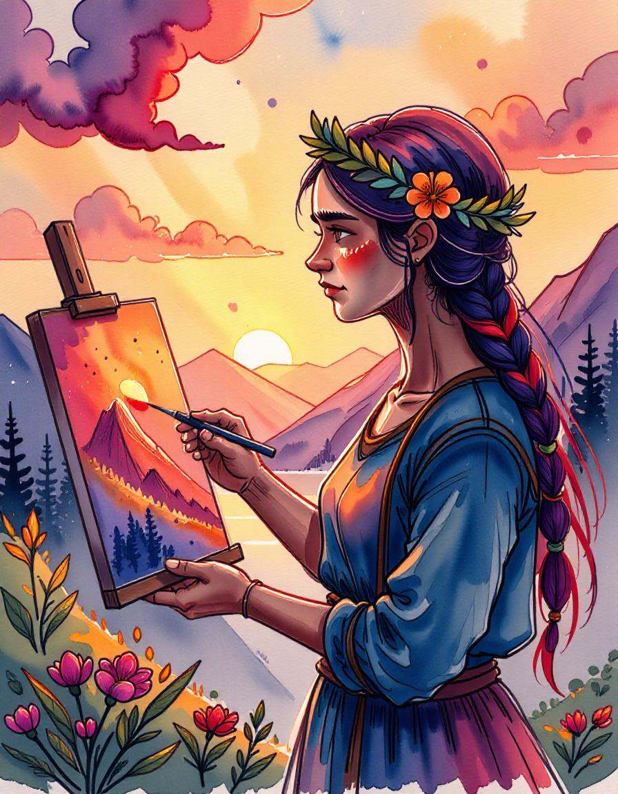 bohemian painter, laurel wreath, sunset painting session, wat3rc0l0r