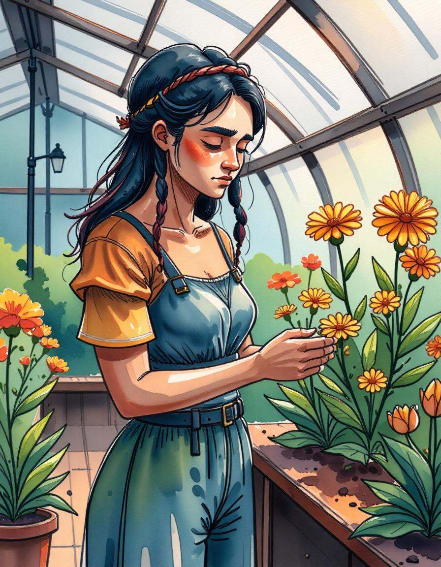 young woman in a greenhouse, tending to plants, peaceful, wat3rc0l0r
