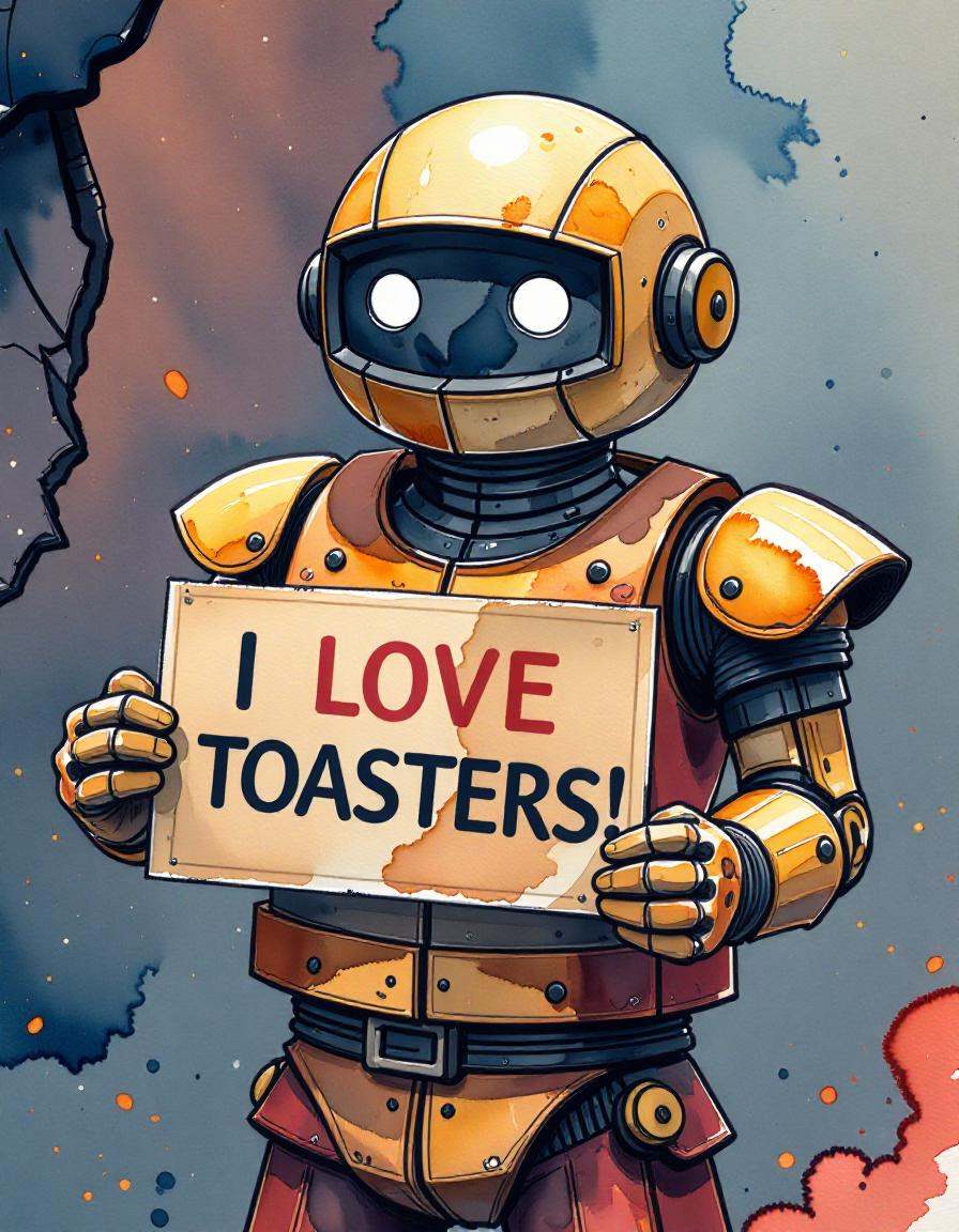 wat3rc0l0r, a robot holding a sign that says "I LOVE TOASTERS!"