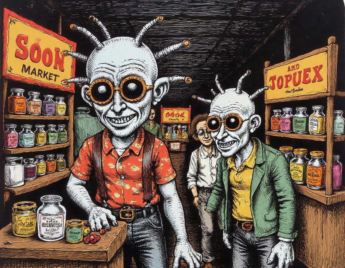 illustration, an open market where vendors sell strange goods their exaggerated faces full of intensity as they hawk their wares the people shopping are just as bizarre with oversized heads and comically small bodies moving through the chaotic space every stall filled with odd trinkets and handmade itemsr0b3rt_crum8 