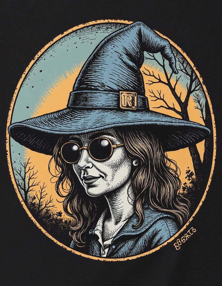 circular tshirt design, illustration of a witch's hat, in the style of r0b3rt_crum8 