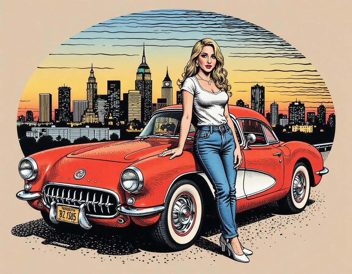 oval tshirt design, illustration of a pretty woman leaning on a classic corvette, Los Angeles city skyline in the background, in the style of r0b3rt_crum8