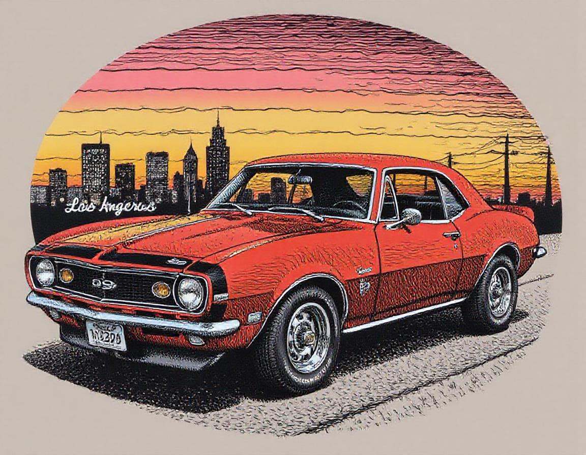 oval tshirt design, illustration of a red Chevy Camaro SS, Los Angeles city skyline sunset in the background, in the style of r0b3rt_crum8