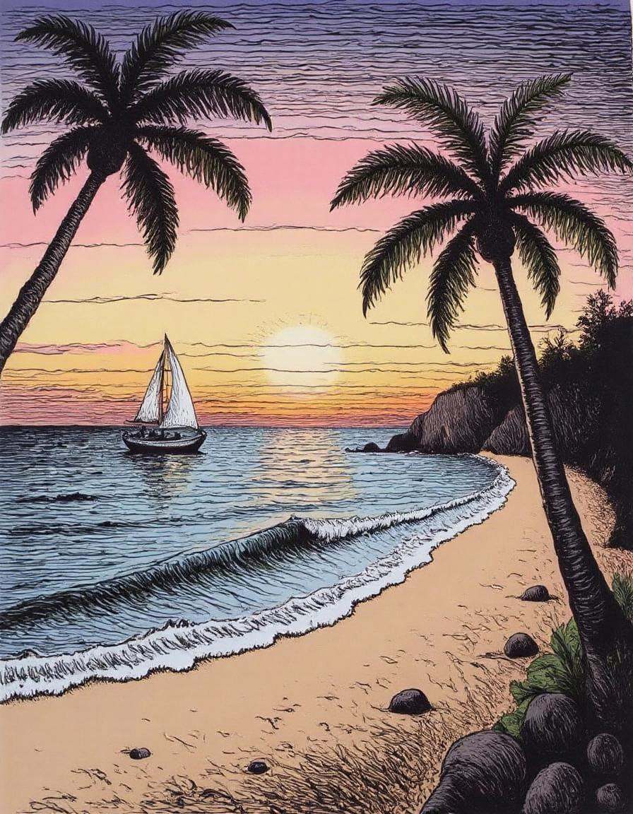 illustration of a beach with palm trees , sailboat in the distance, waves crashing on the beach, sunset in the background, in the style of r0b3rt_crum8