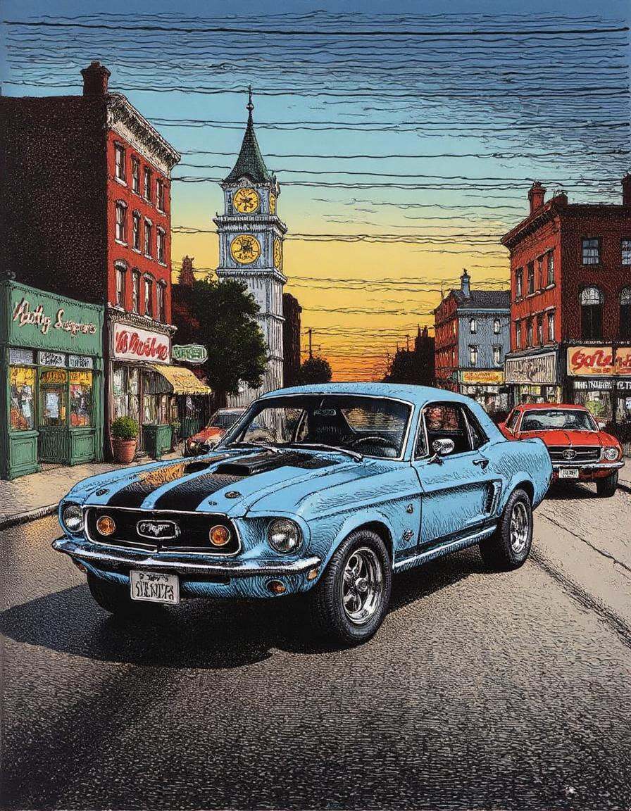 an illustration of a muscle car show on the city street, muscle cars parked along the city street,  in the style ofr0b3rt_crum8 