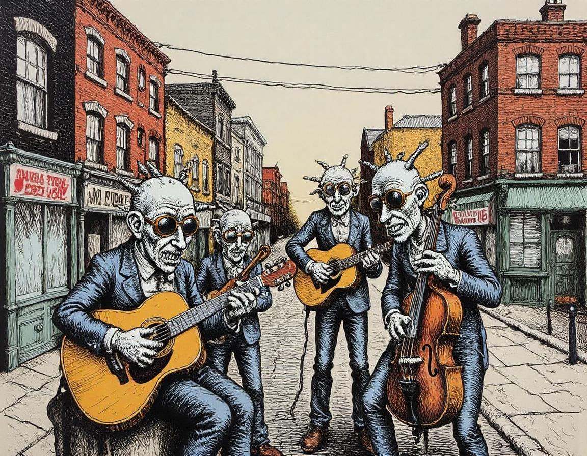 illustration, sidewalk where a group of eccentric musicians play old instruments their bodies are twisted and contorted their oversized hands strumming or beating with wild abandon the buildings around them loom over the scene each window and brick drawn with rough heavy lines as the street buzzes with energyr0b3rt_crum8 