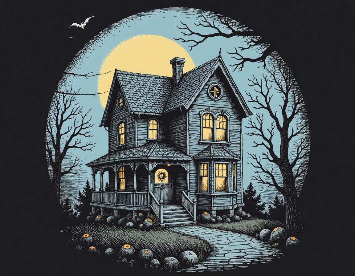 circular tshirt design, illustration of a haunted house, in the style of r0b3rt_crum8 