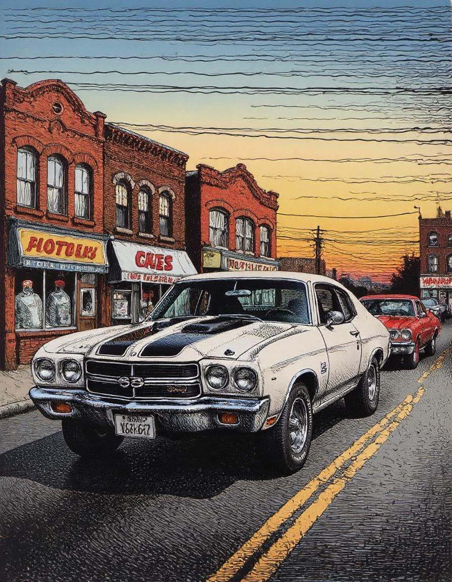 an illustration of a muscle car show on the city street, muscle cars parked along the city street,  in the style ofr0b3rt_crum8 