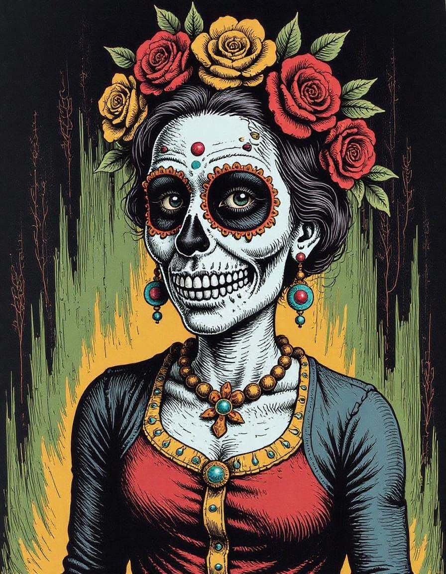 a spooky illustration of a Day of the Dead, in the style of r0b3rt_crum8 