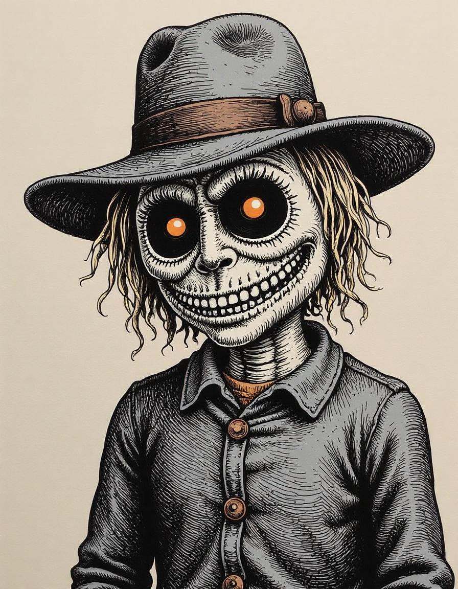 a spooky illustration of a scarecrow, in the style of r0b3rt_crum8 