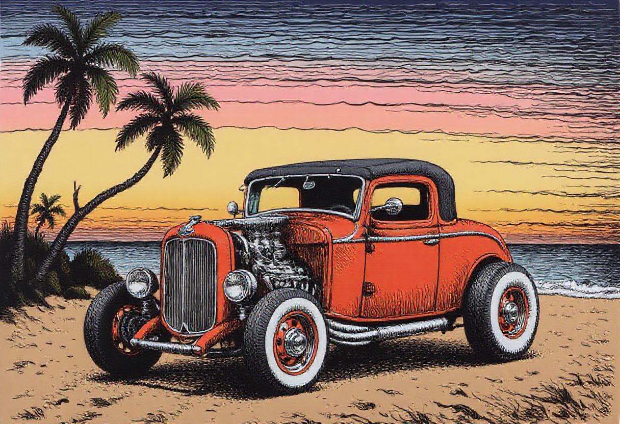 an illustration of a classic hot rod, on the beach with palm trees, vintage sunset in the background, in the style of r0b3rt_crum8