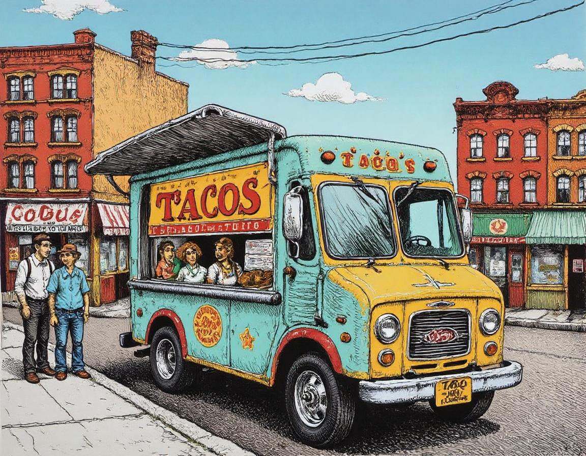 illustration of a taco truck selling tacos on a city street, in the style of r0b3rt_crum8