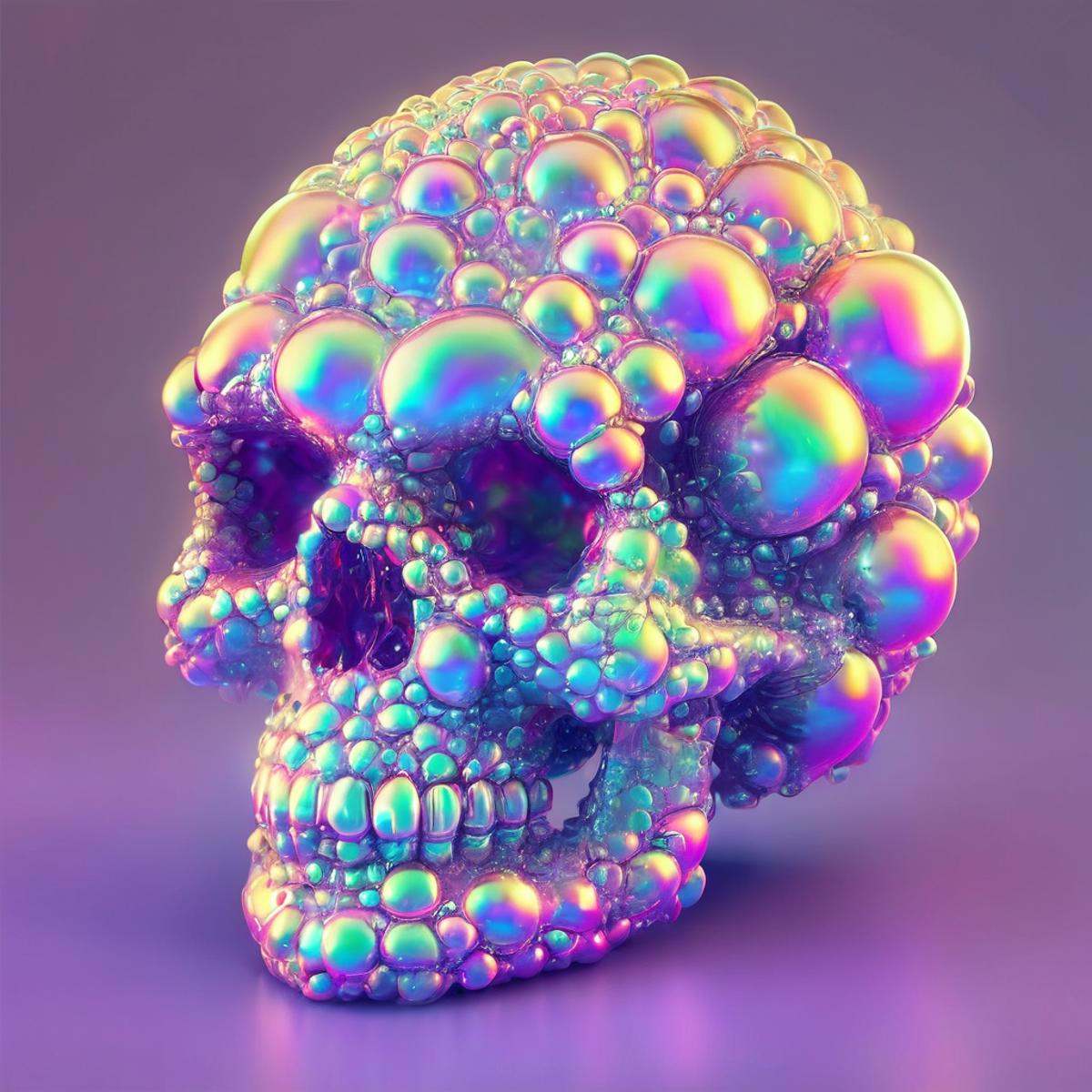 a skull made of iridescent bubbles,  wow_bbls on Tensor.Art