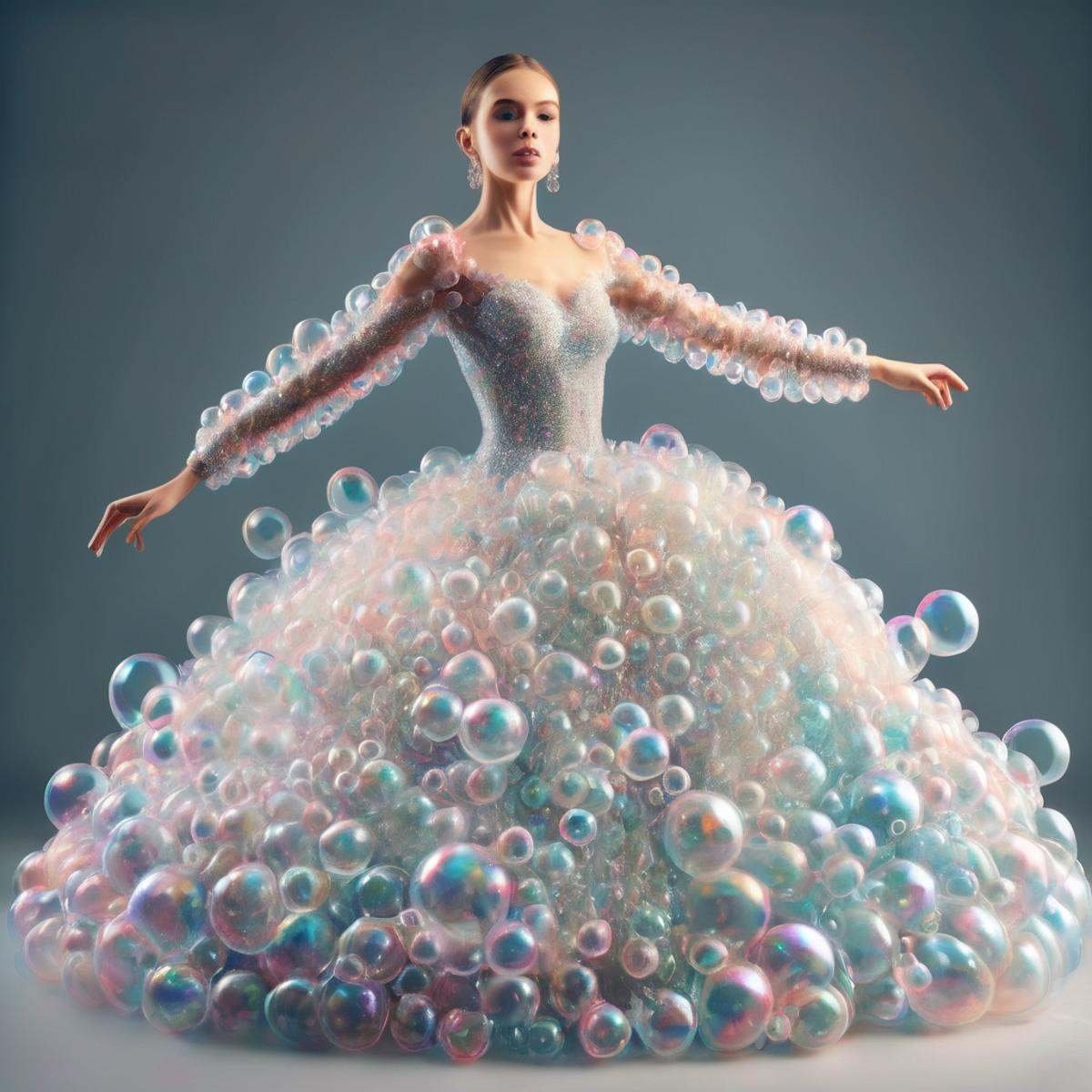 a woman wearing a ballroom dress made completely of transparent bubbles,  wow_bbls on Tensor.Art