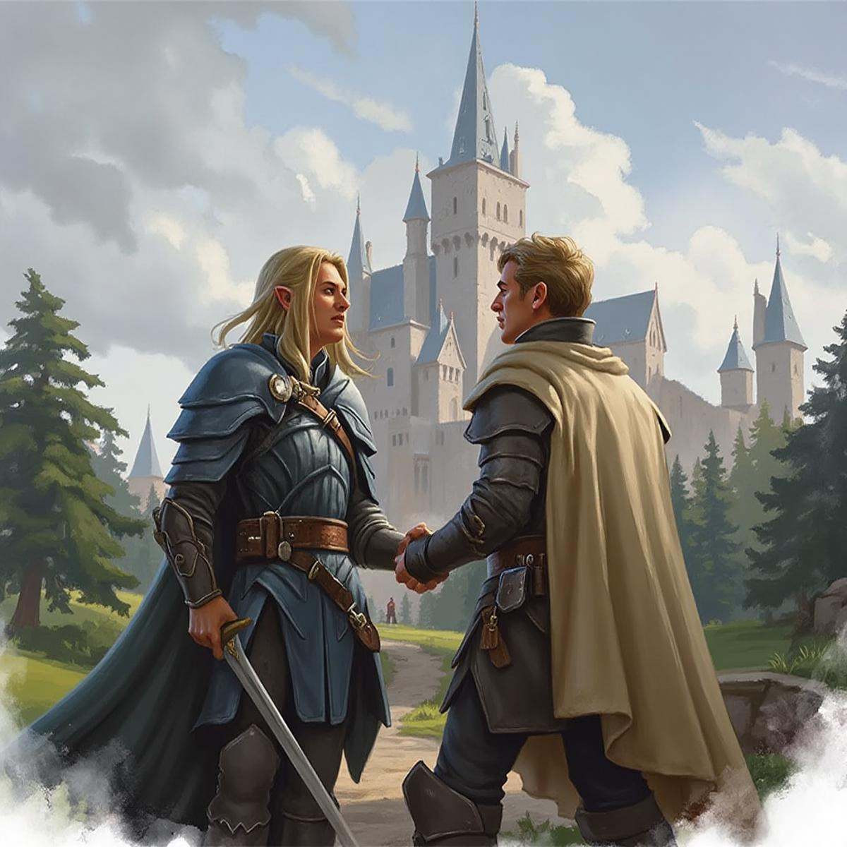 dndstyle illustration of two characters, castle in the background