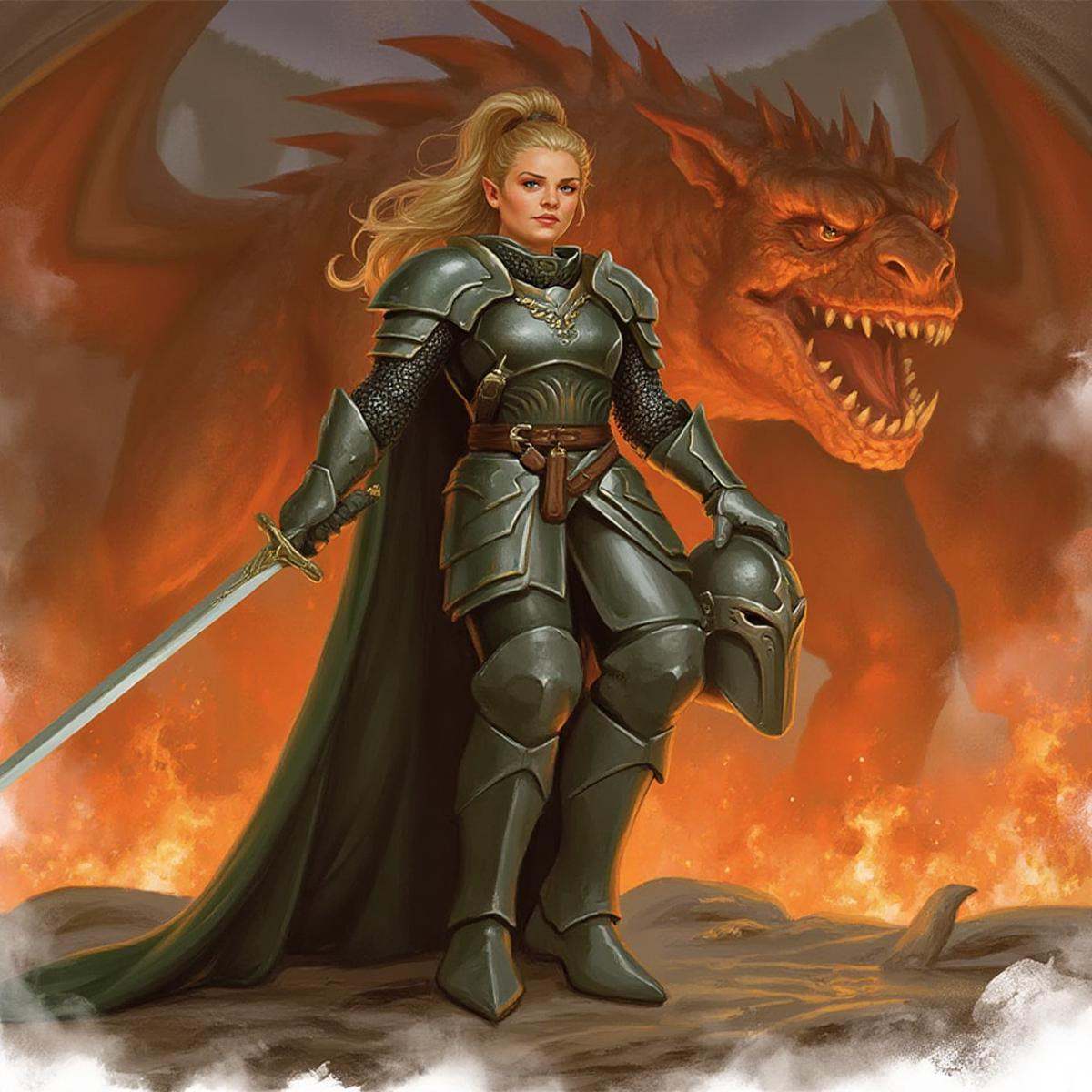 dndstyle illustration of a female knight, standing with a sword in one hand and a helmet under her arm and a fire breathing dragon in the background