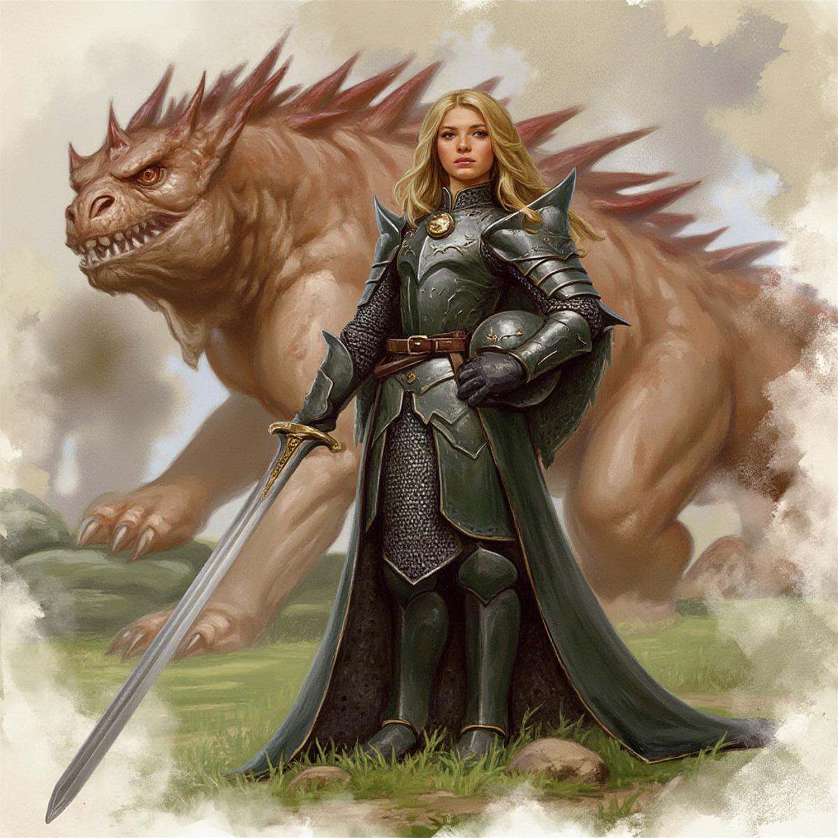 dndstyle illustration of a young female knight, standing with a sword on one shoulder, helmet under her arm and a dead dragon in the background