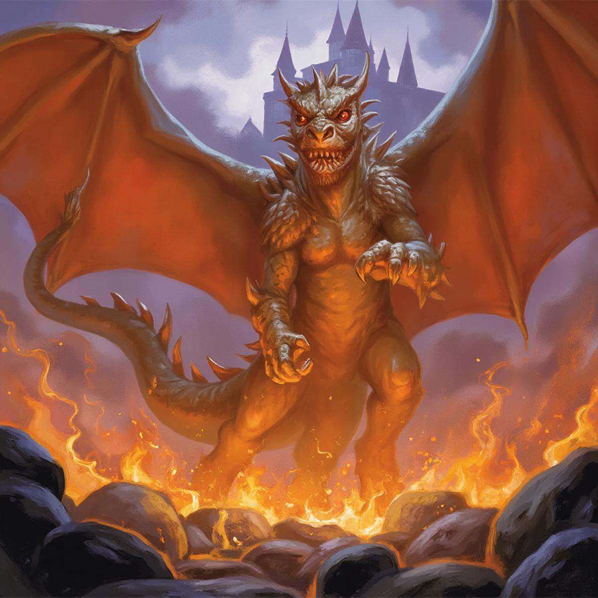 dndstyle illustration of a fire breathing dragon, castle in the background